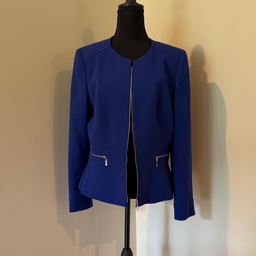 Tahari Cobalt Blue Zip-Front Peplum Blazer